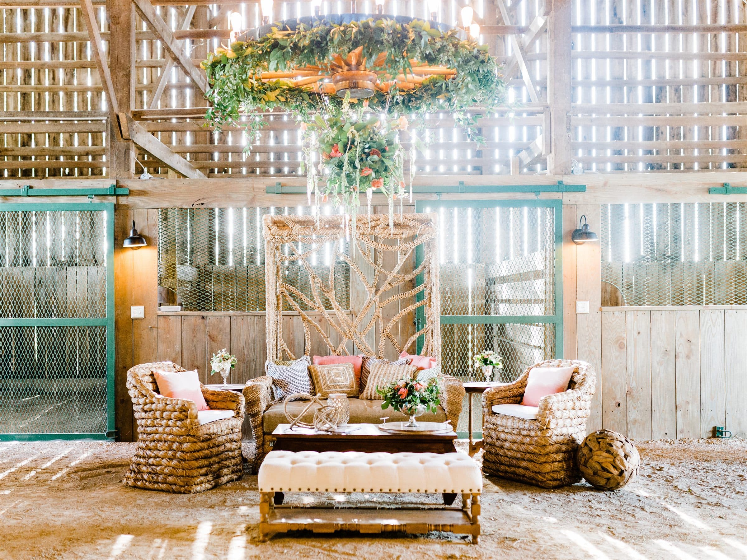 A velvet lounge inside the black barn