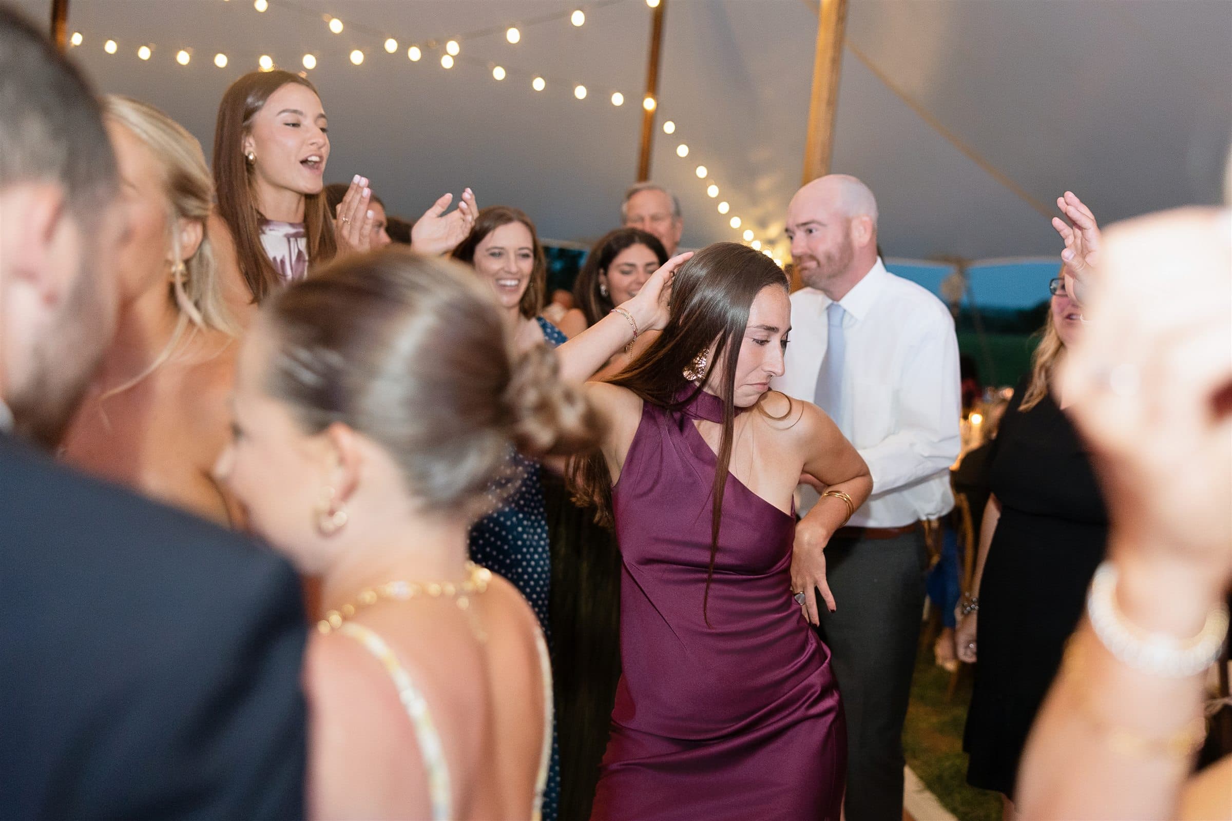 The dance floor under string lights
