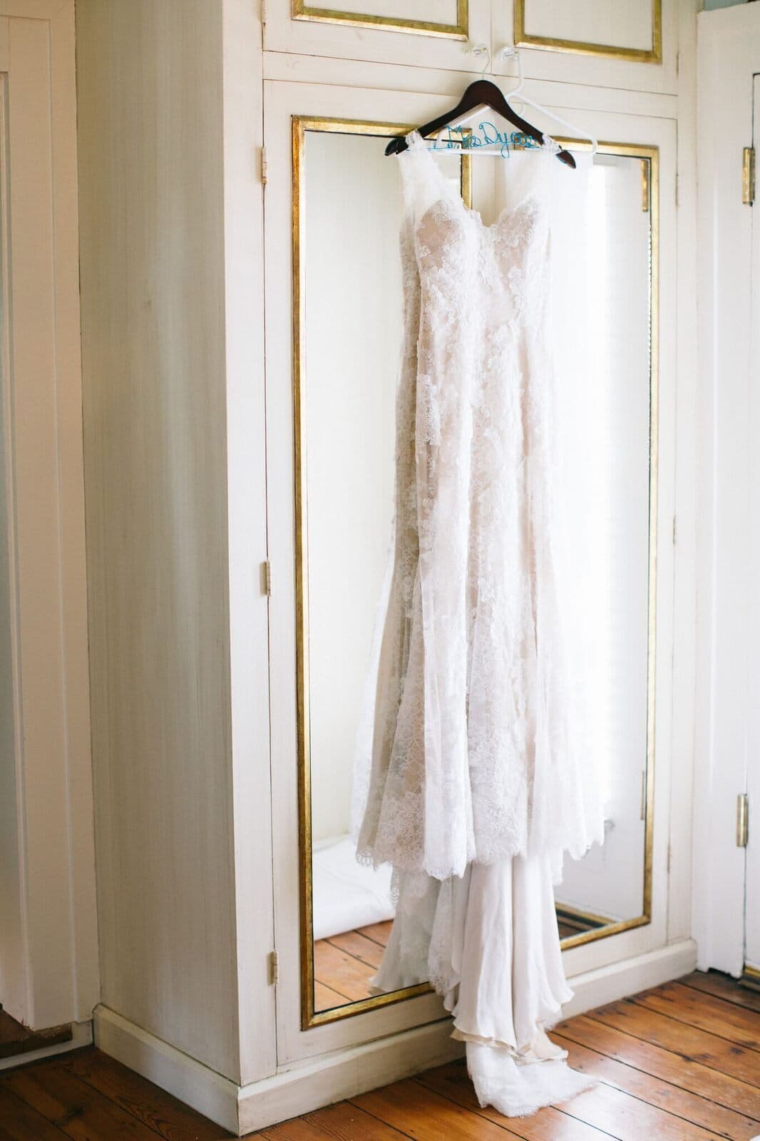 The gown hanging in the bridal suite
