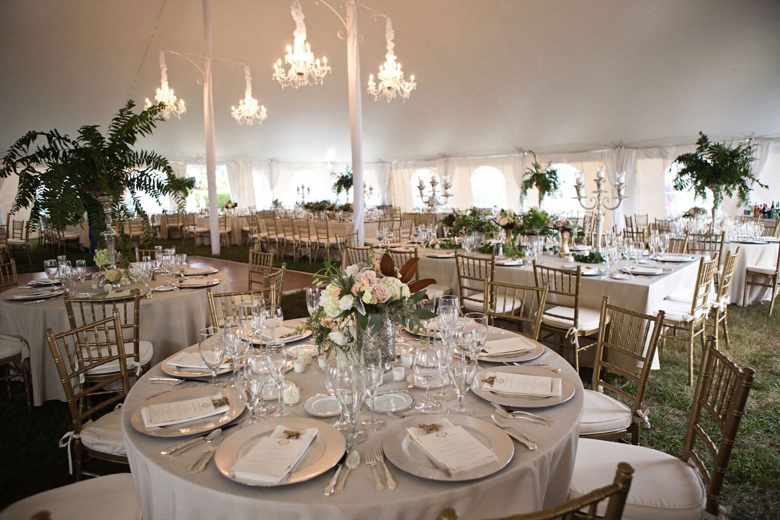 Crystal chandeliers under the sailcloth tent